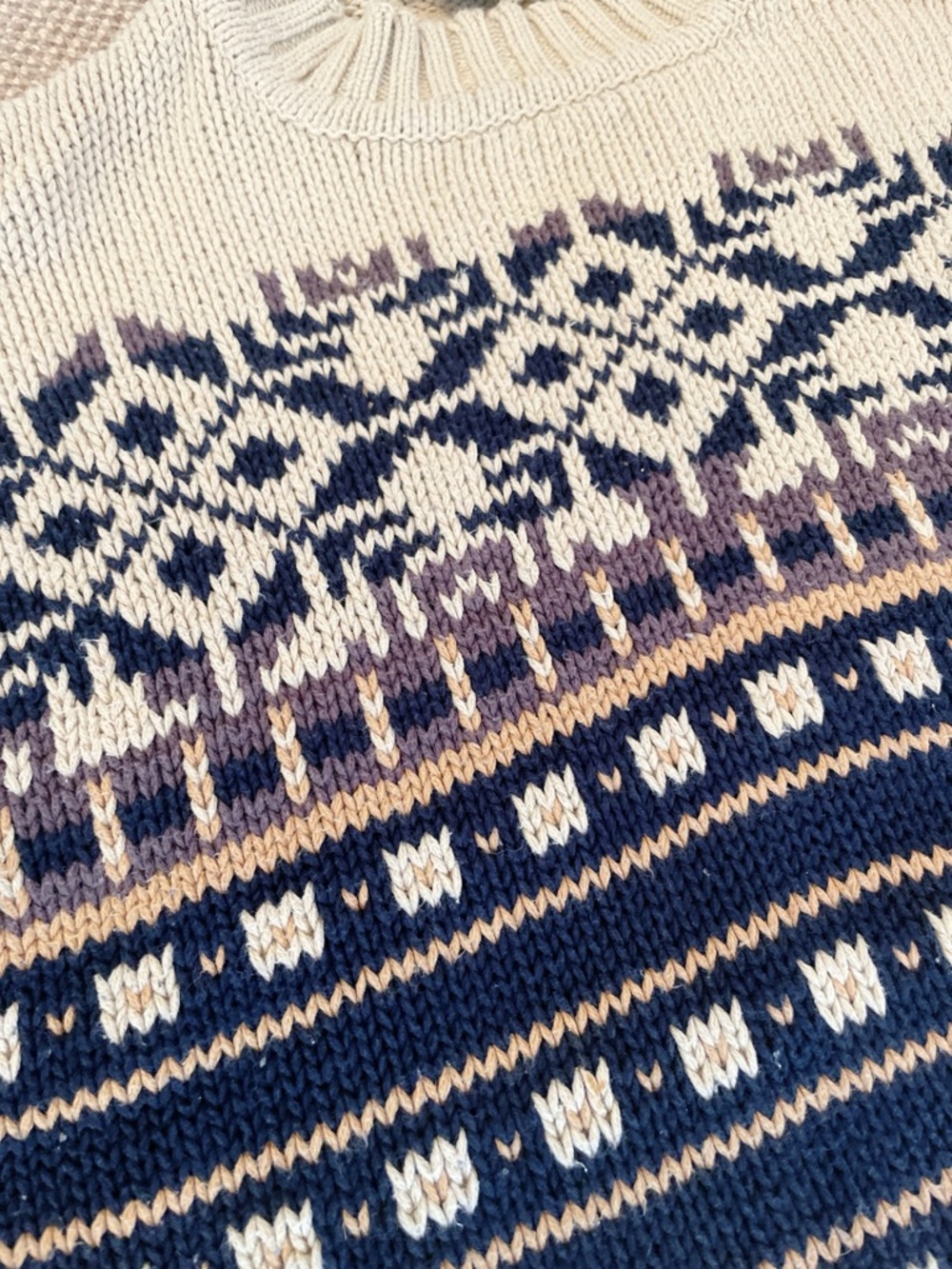 Vintage Eddie Bauer Men’s Fair Isle Nordic Cotton Sweater Navy Cream Size Medium - Picture 5 of 9